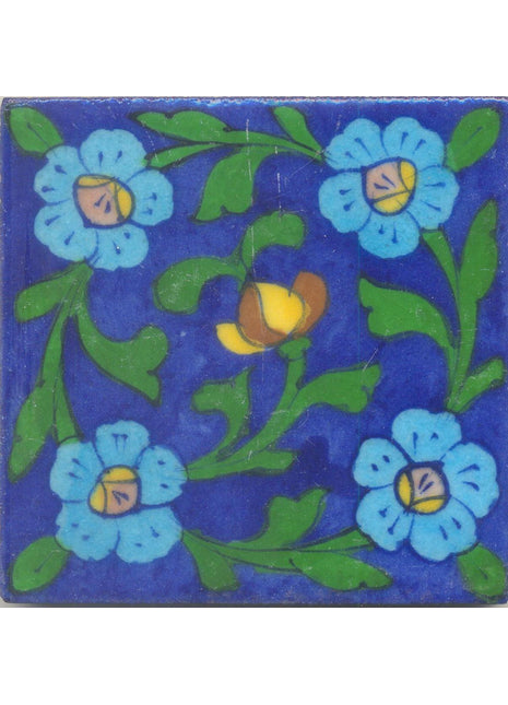Turquoise and Brown Flower Green leaf with Blue Base Tile