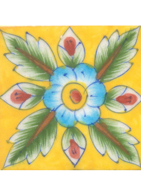 Green and Brown Leaf and Turquoise and Yellow Flower with Yellow Base Tile