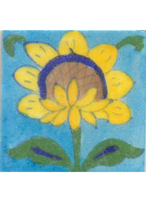 Yellow,Blue and Brown Flower and Green and Blue leaf with Turquoise Base Tile