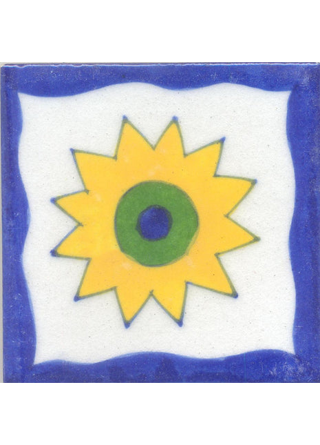 Yellow, Blue and Green Flower with White and Blue Tile