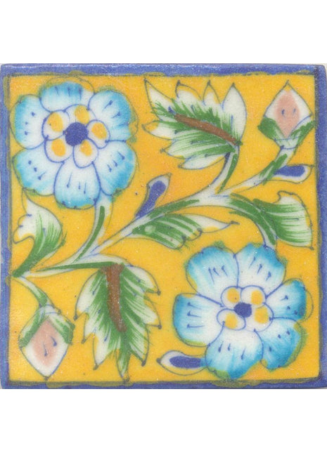 Turquoise,yellow and Blue Flowers and Lime Green leaf with Yellow Base Tile