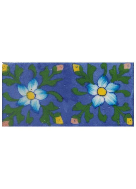 Turquoise and Yellow Flowers and Green leaf with Blue Base Tile