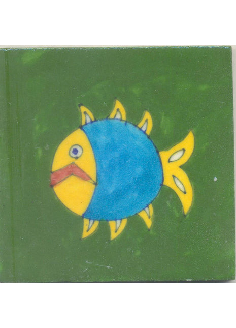 Yellow, Brown and Turquoise Fish with Green Base Tile