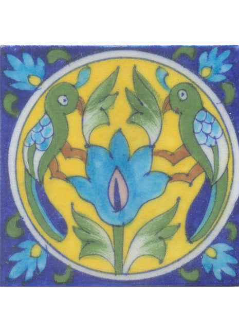 Two Turquoise and Green Birds and Turquoise Flowers and Lime Green leaf with Blue and Yellow Base Tile