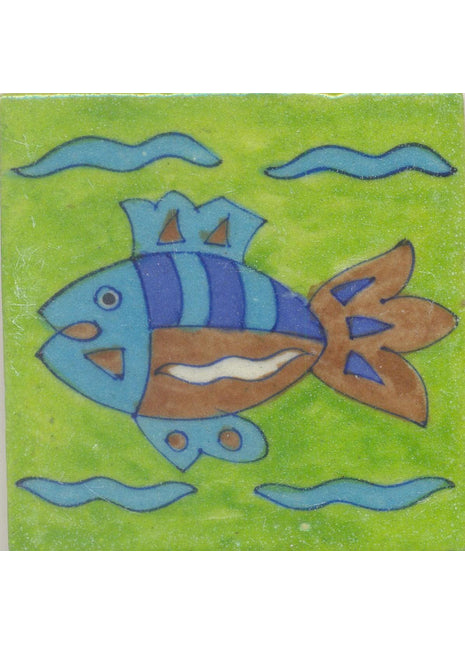 Turquoise, Brown and Blue Fish with Green base Tile