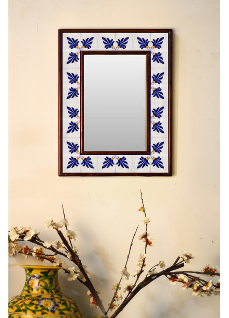 Designer White And Blue Embossed Tile Mirror In Brown Wooden Frame