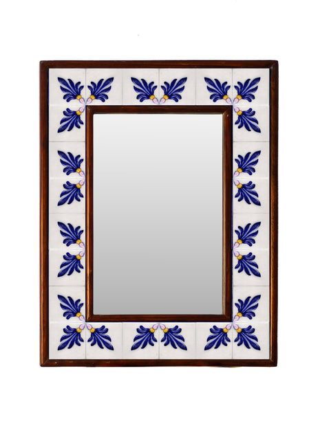 Designer White And Blue Embossed Tile Mirror In Brown Wooden Frame