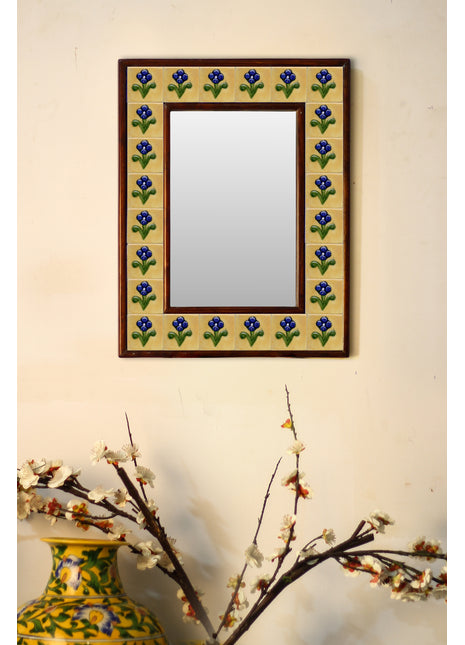 Yellow Embossed Tile Mirror With Blue Flowers And Green Leaves