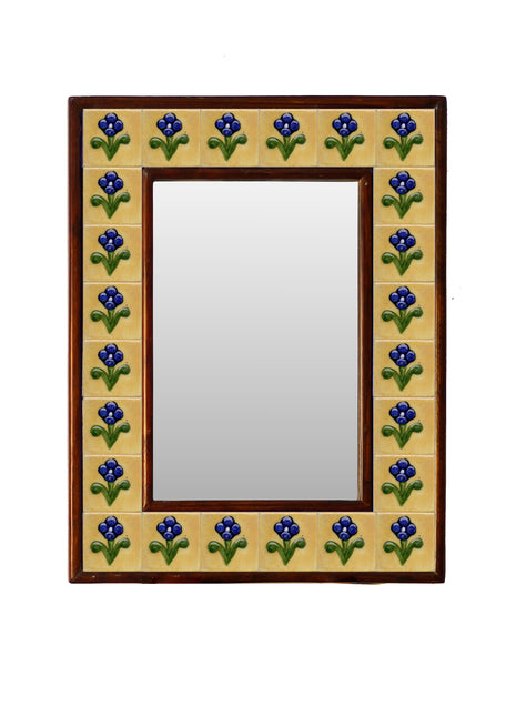 Yellow Embossed Tile Mirror With Blue Flowers And Green Leaves