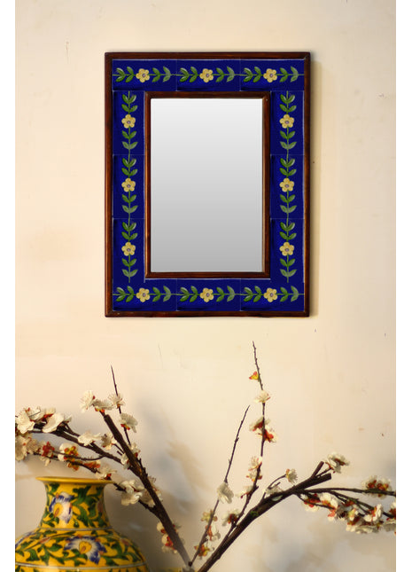 Blue Embossed Tile Mirror With Yellow Flowers And Leaves