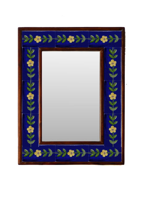 Blue Embossed Tile Mirror With Yellow Flowers And Leaves