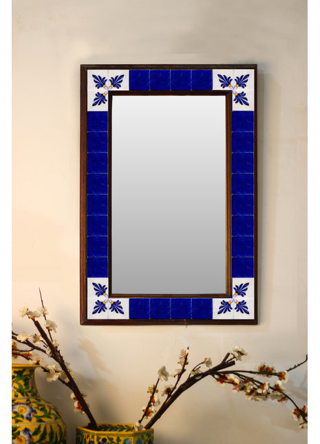 Well Designed Blue Ceramic Tile With White Design On Wooden Frame