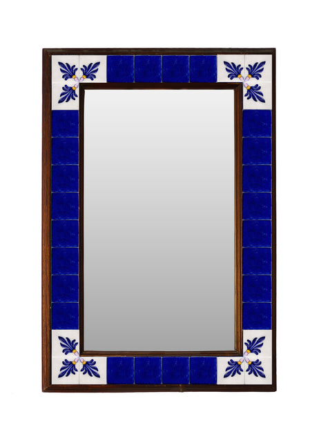 Well Designed Blue Ceramic Tile With White Design On Wooden Frame