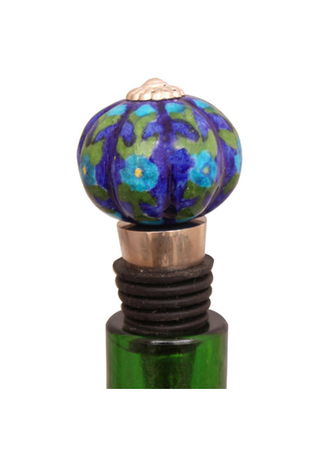 Royal Blue Base With Turquoise Flower Ceramic Wine Bottle Stopper(Set of Two)