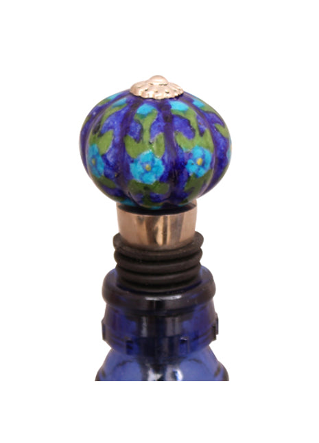 Royal Blue Base With Turquoise Flower Ceramic Wine Bottle Stopper(Set of Two)