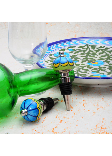 Blue Flower On Lime Green Ceramic Wine Bottle Stopper (Set of Two)