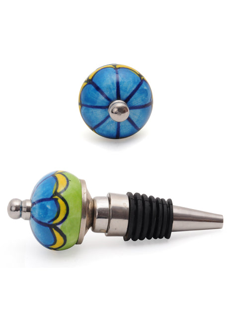 Blue Flower On Lime Green Ceramic Wine Bottle Stopper (Set of Two)