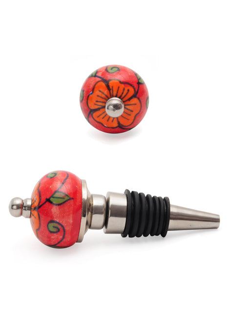 Orange Flower On Red Base Ceramic Wine Bottle Stopper (Set of Two)