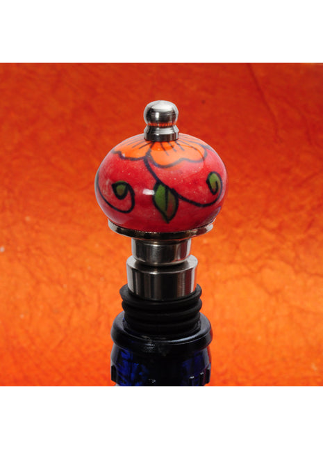 Orange Flower On Red Base Ceramic Wine Bottle Stopper (Set of Two)