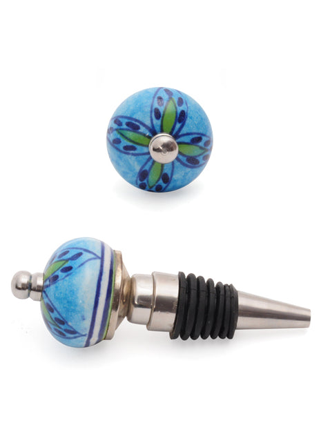 Green And Blue Petals On Turquoise Ceramic Wine Bottle Stopper (Set of Two)
