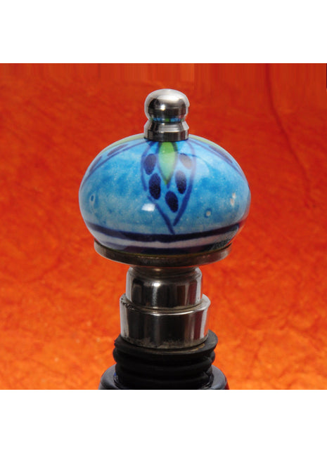Green And Blue Petals On Turquoise Ceramic Wine Bottle Stopper (Set of Two)