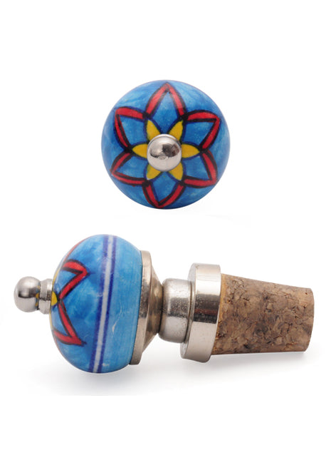 Red And Yellow Star On Turquoise Base Ceramic Wine Bottle Stopper (Set of Two)
