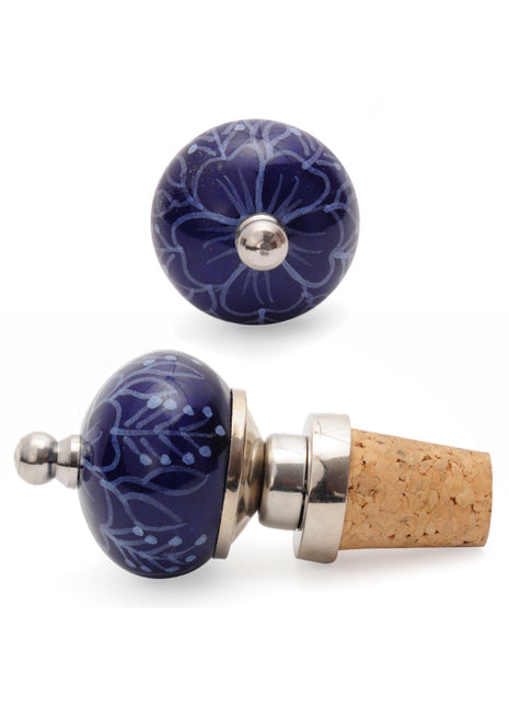 White Print On Dark Blue Ceramic Wine Bottle Stopper (Set of Two)