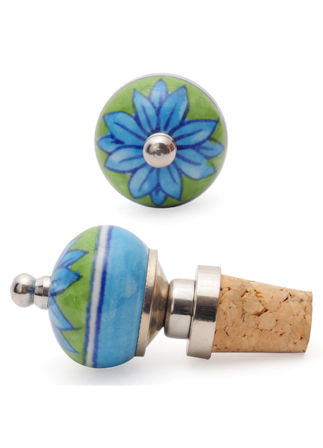 Turquoise Flower on Green Base Ceramic Wine Bottle Stopper (Set of Two)