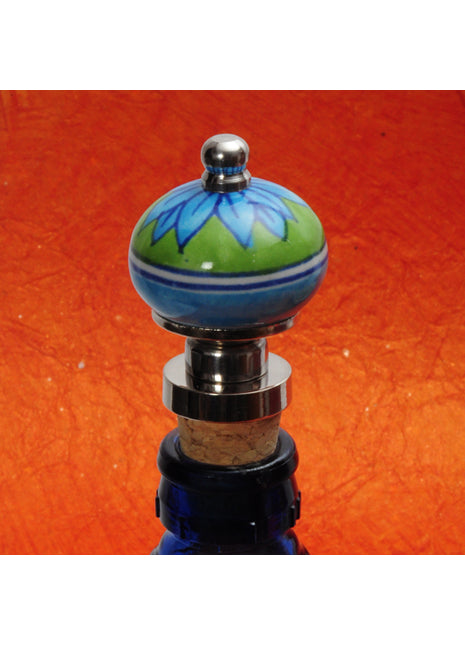 Turquoise Flower on Green Base Ceramic Wine Bottle Stopper (Set of Two)