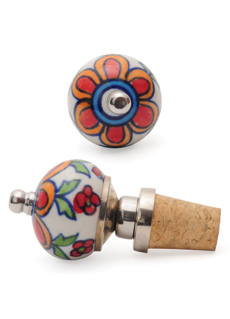 Vintage Multicolor Floral Print Ceramic Wine Bottle Stopper (Set of Two)