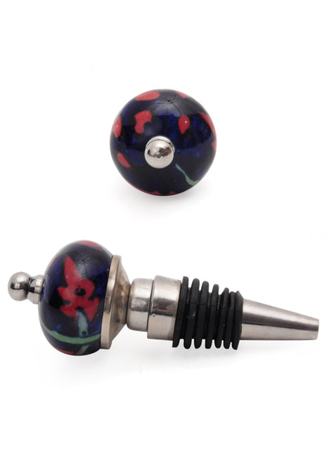 Red Design On Dark Blue Base Ceramic Wine Bottle Stopper (Set of Two)