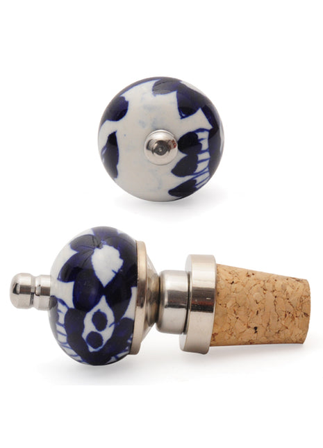 Blue Designer Print On White Ceramic Wine Bottle Stopper (Set of Two)