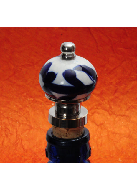 Blue Designer Print On White Ceramic Wine Bottle Stopper (Set of Two)