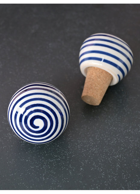 White Ceramic Wine Bottle Stopper With Blue Spiral Design (Sold in set of 2)