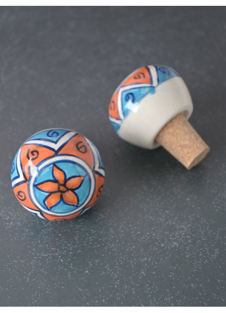 Turquoise And Red Floral Design Ceramic Wine Bottle Stopper (Sold In Set of 2)