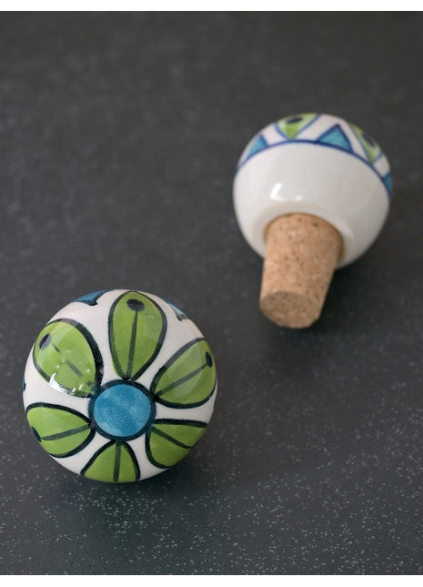 Green Flower On Round White Ceramic Wine Bottle Stopper (Sold In Set of 2)