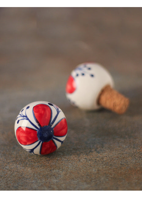 Red Flower On White Round Ceramic Wine Bottle Stopper (Sold In Set of 2)