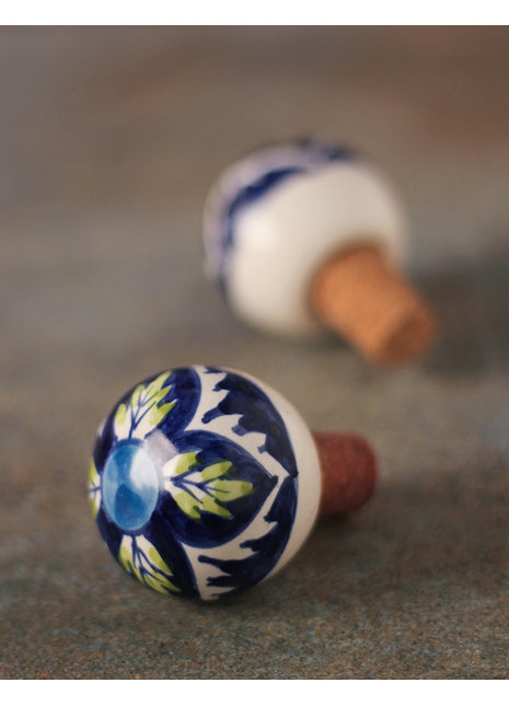 Royal Blue Flower With Green Petals Ceramic Wine Bottle Stopper (Sold In Set of 2)