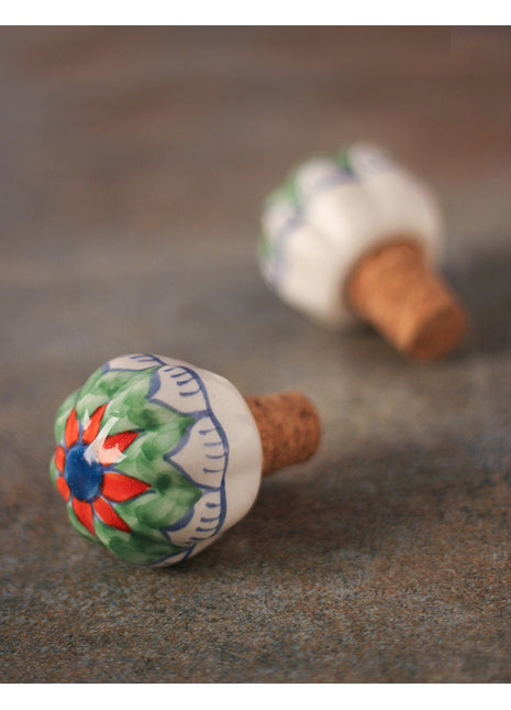 Antique Red And Green Flower Print Ceramic Wine Bottle Stopper (Sold In Set of 2)