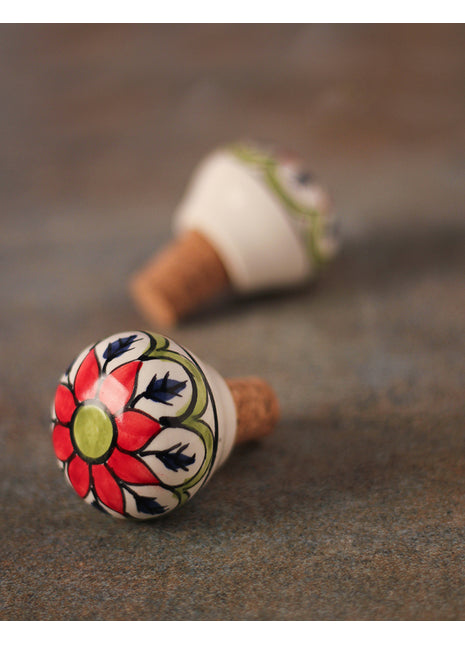 Stylish Red Green And Black Floral Ceramic Wine Bottle Stopper (Sold In Set of 2)