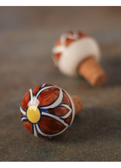 Brown And White Floral Design Ceramic Wine Bottle Stopper (Sold In Set of 2)