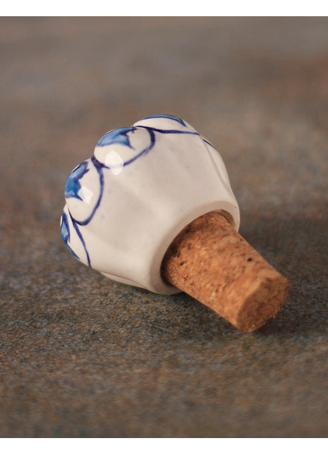 Blue Floral Design On White Ceramic Wine Bottle Stopper (Sold In Set of 2)