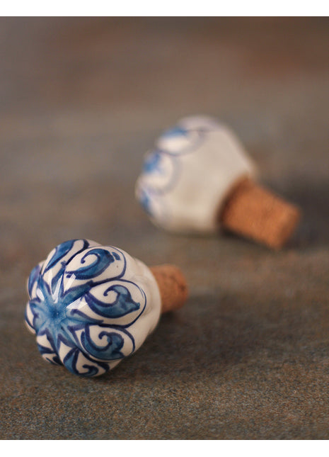 Blue Floral Design On White Ceramic Wine Bottle Stopper (Sold In Set of 2)
