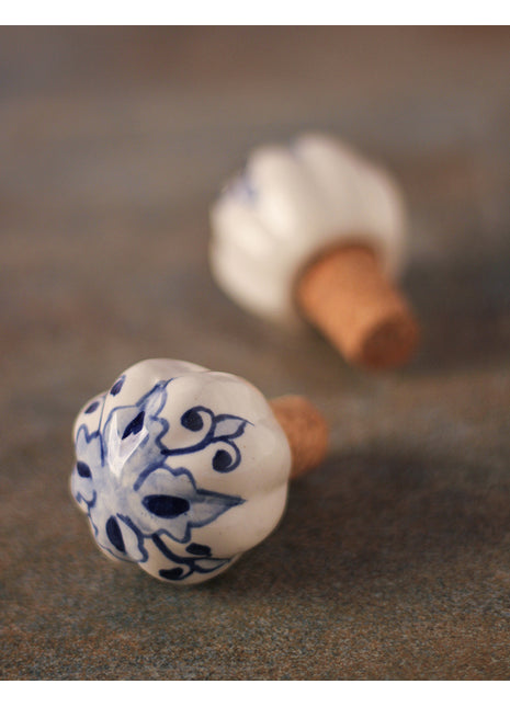 Designer Blue Print On White Ceramic Wine Bottle Stopper (Sold In Set of 2)