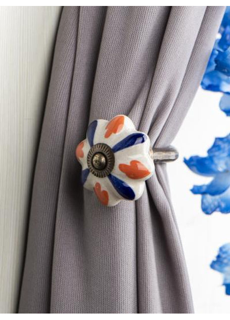 Curtain Tie Backs Hook Decorative Wall Hook-Orange And Blue Flower (Set of Two)