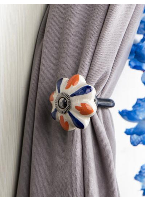 Curtain Tie Backs Hook Decorative Wall Hook-Orange And Blue Flower (Set of Two)