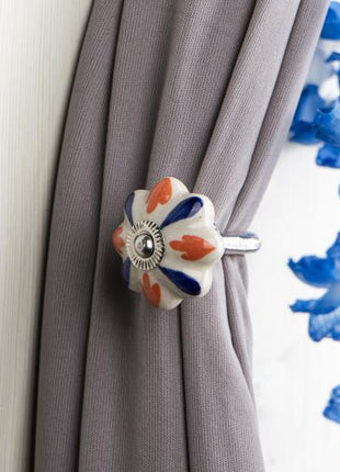Curtain Tie Backs Hook Decorative Wall Hook-Orange And Blue Flower (Set of Two)