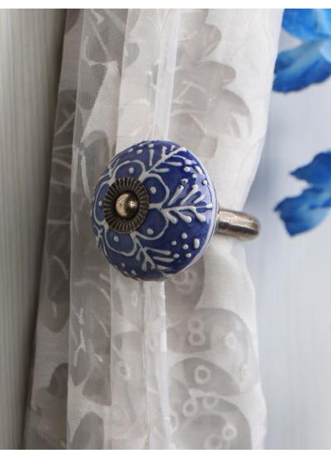 Curtain Tie Backs Hook Decorative Wall Hook-Blue Emmbosed Design (Set of Two)
