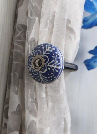 Curtain Tie Backs Hook Decorative Wall Hook-Blue Emmbosed Design (Set of Two)