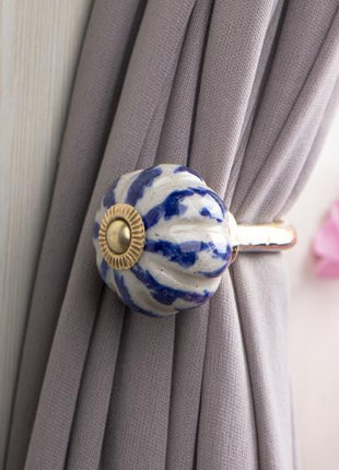 Curtain Tie Backs Hook Decorative Wall Hook- White Base, Blue Leaf (Set of Two)